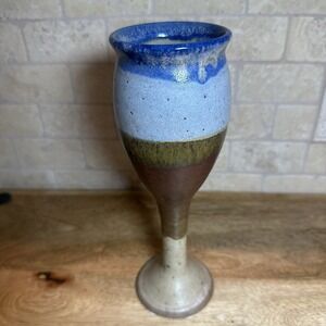 Vintage Studio Art Pottery Glazed Stoneware Goblet 9.5 Inch Signed Blue 12oz